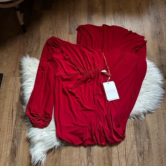 MAC DUGGAL One Shoulder Puff Sleeve Faux Wrap Gown - Picture 3 of 6